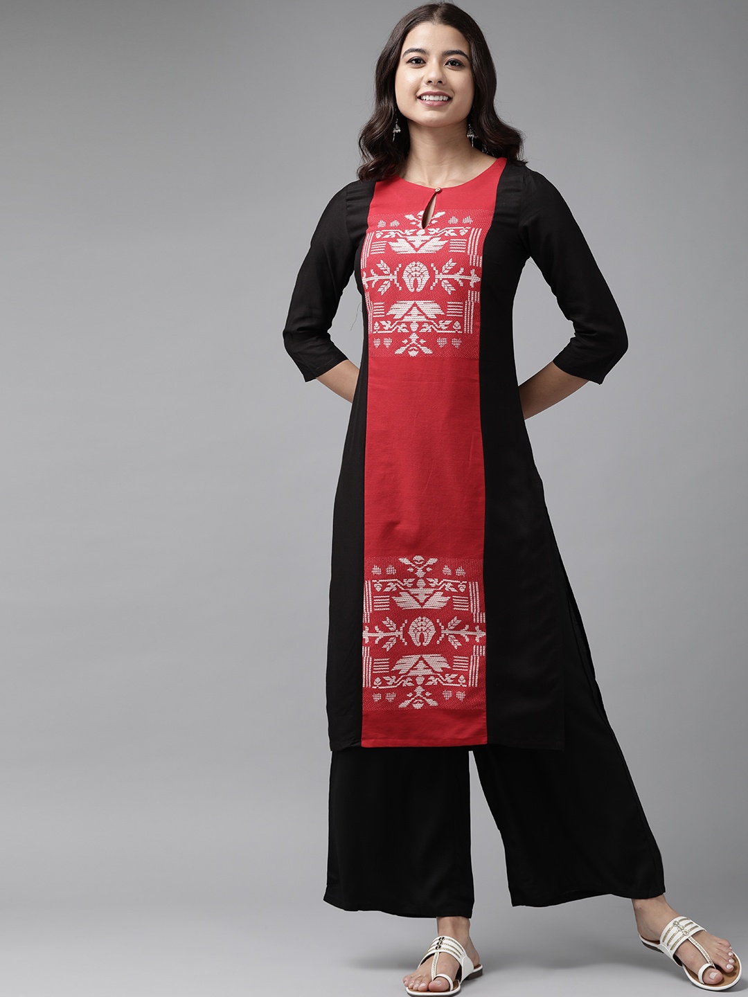 W Women Black & Red Printed Panelled Kurta with Palazzos