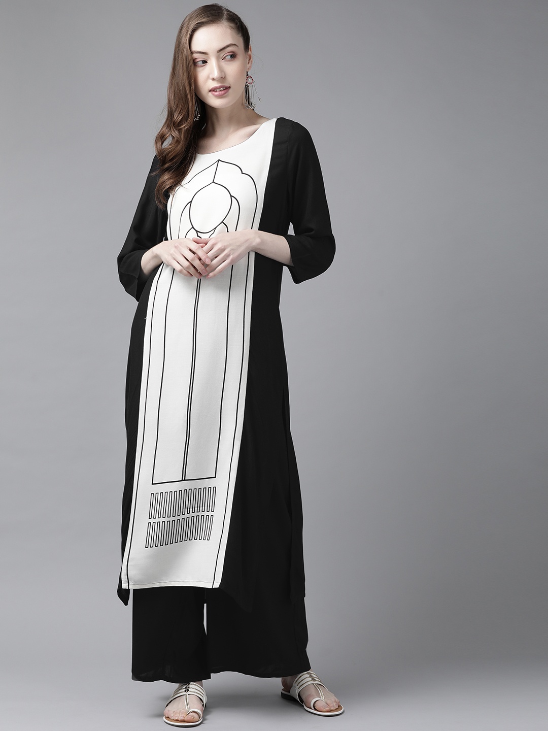 

W Women White & Black Printed Regular Kurta with Palazzos