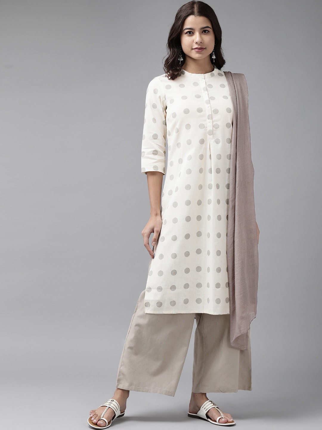 

W Women Cream-Coloured & Taupe Printed Pleated Kurta with Palazzos & With Dupatta