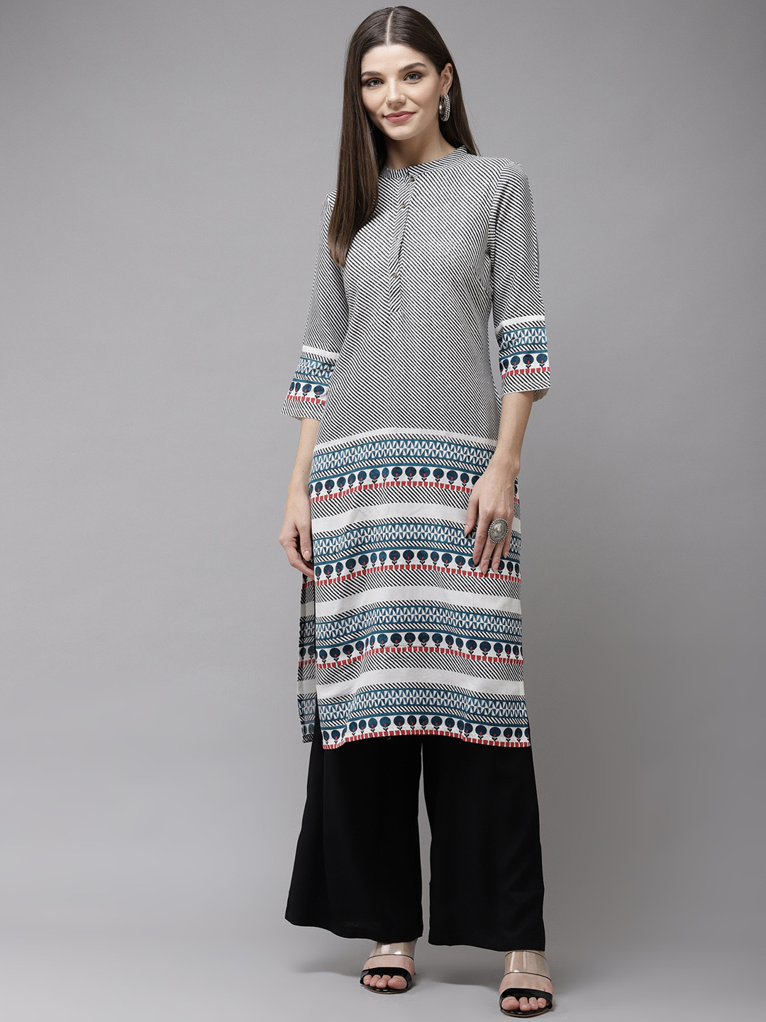 

W Women Black & Off-White Striped Straight Kurta with Palazzos