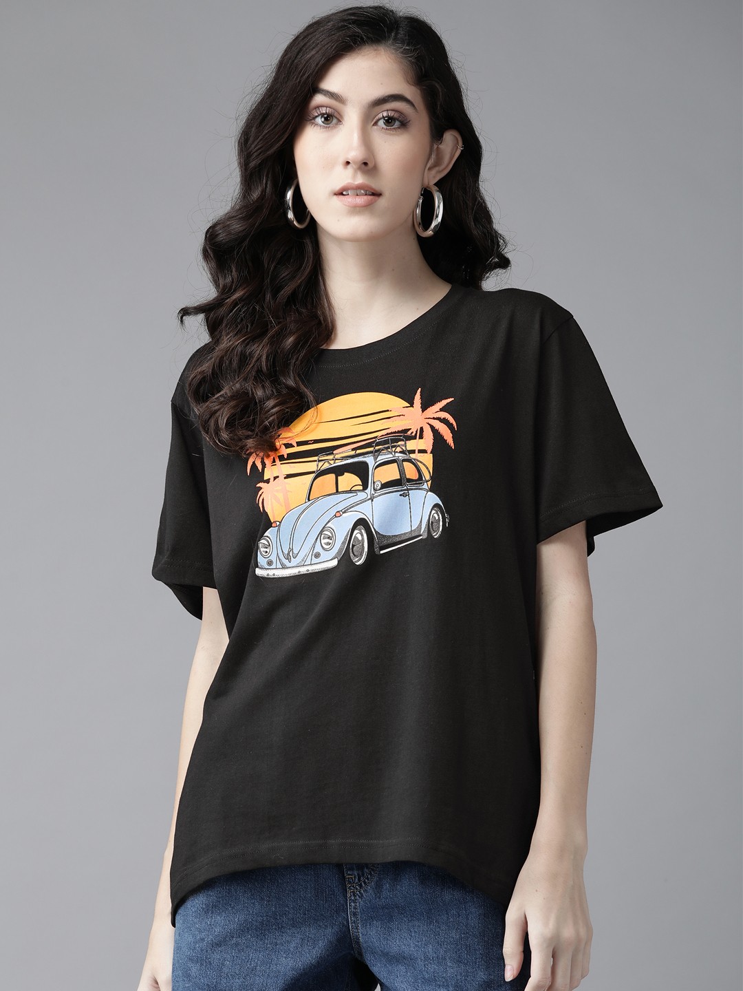 

The Dry State Women Black & Blue Cotton Car Print Oversized T-shirt