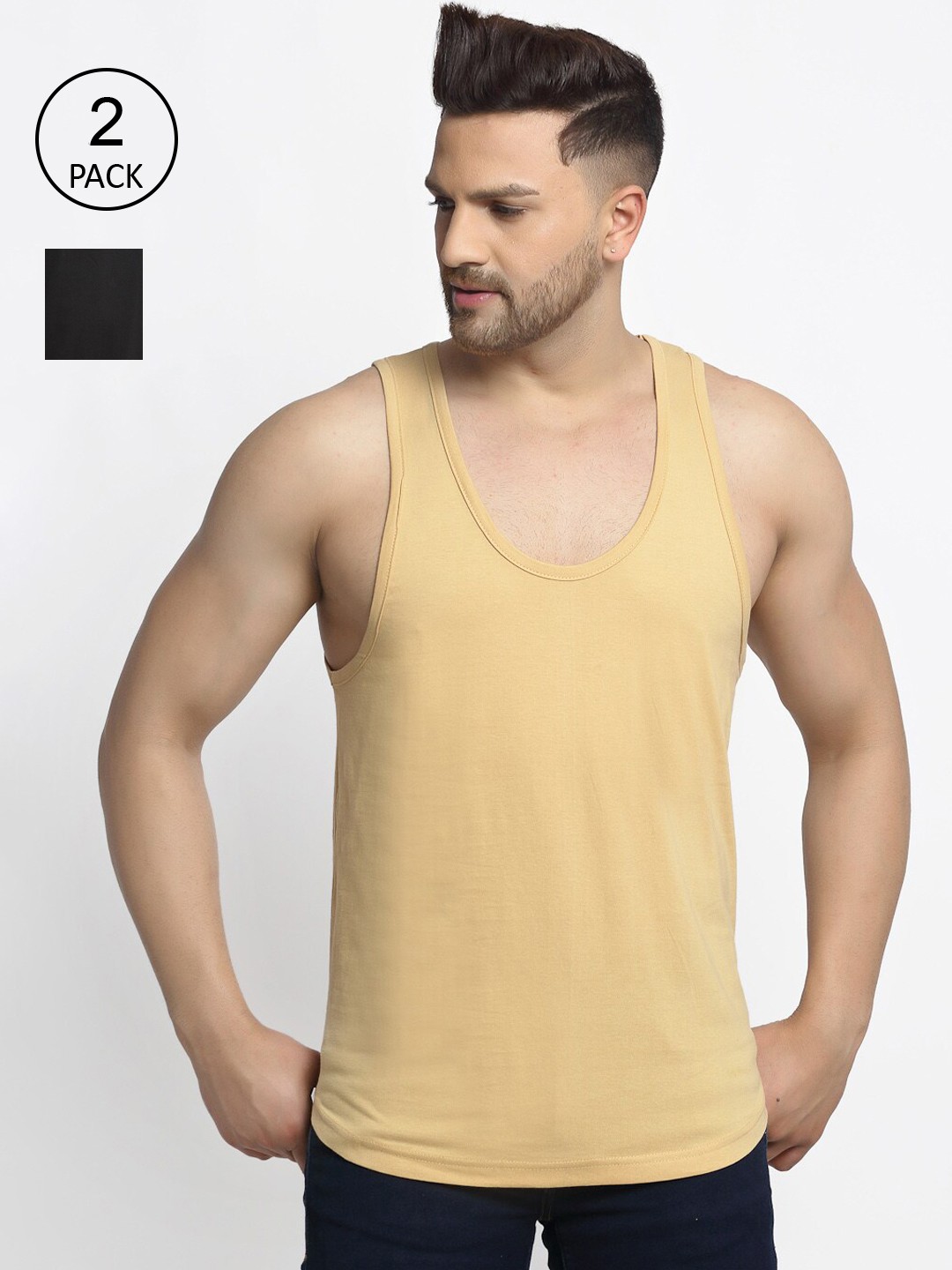 

Friskers Men Pack Of 2 Solid Pure Cotton Innerwear Gym Vests, Beige