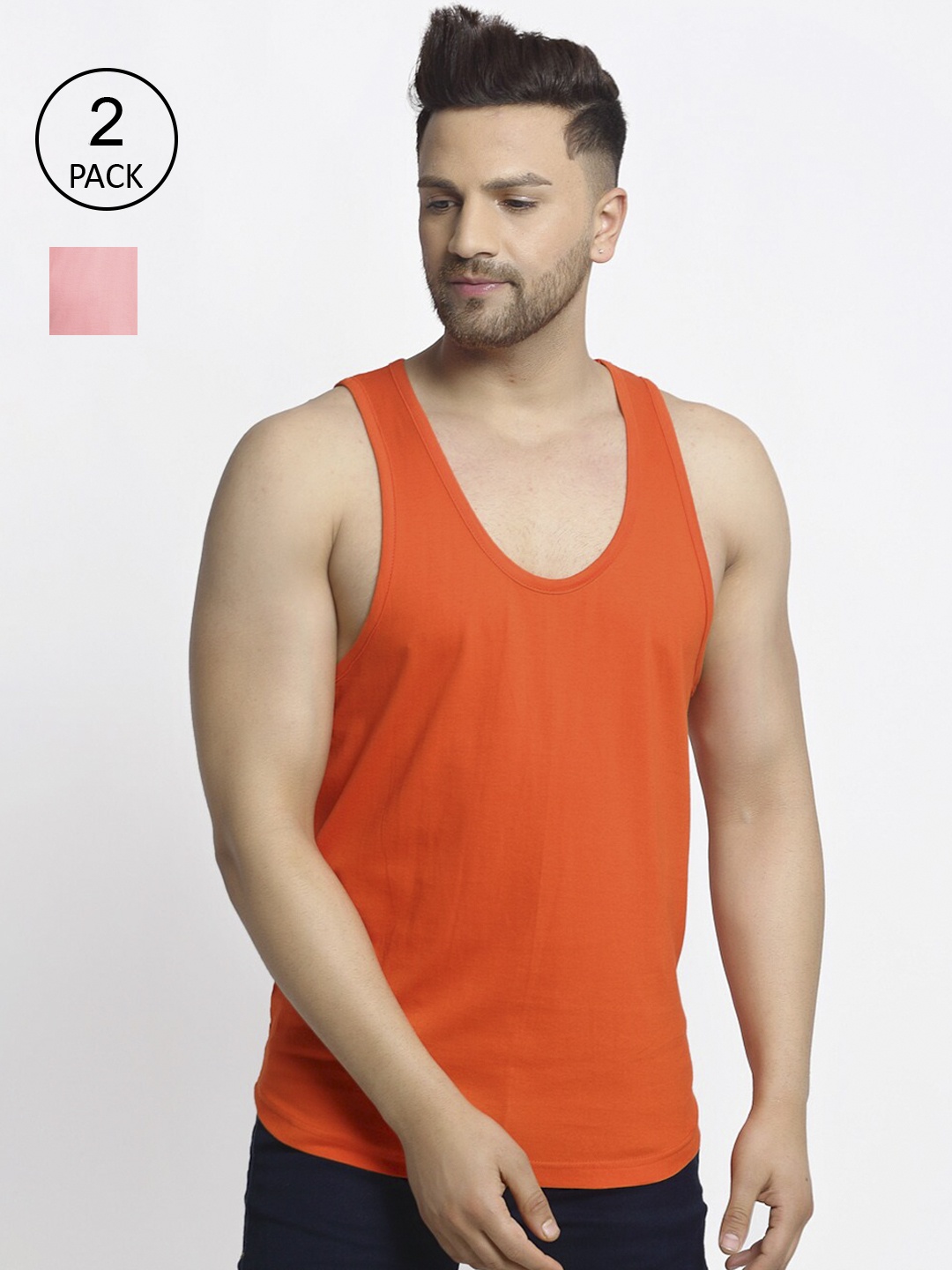 

Friskers Men Pack of 2 Solid Pure Cotton Innerwear Gym Vests, Orange