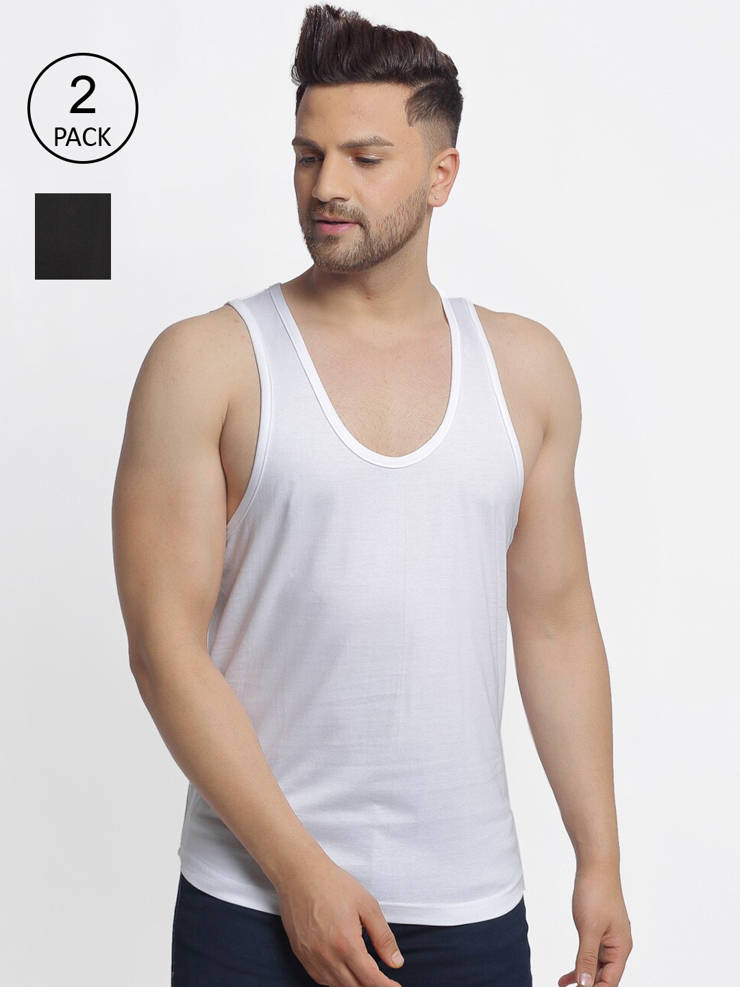 

Friskers Men Pack Of 2 Solid Drop Cut Pure Cotton Gym Vests, White