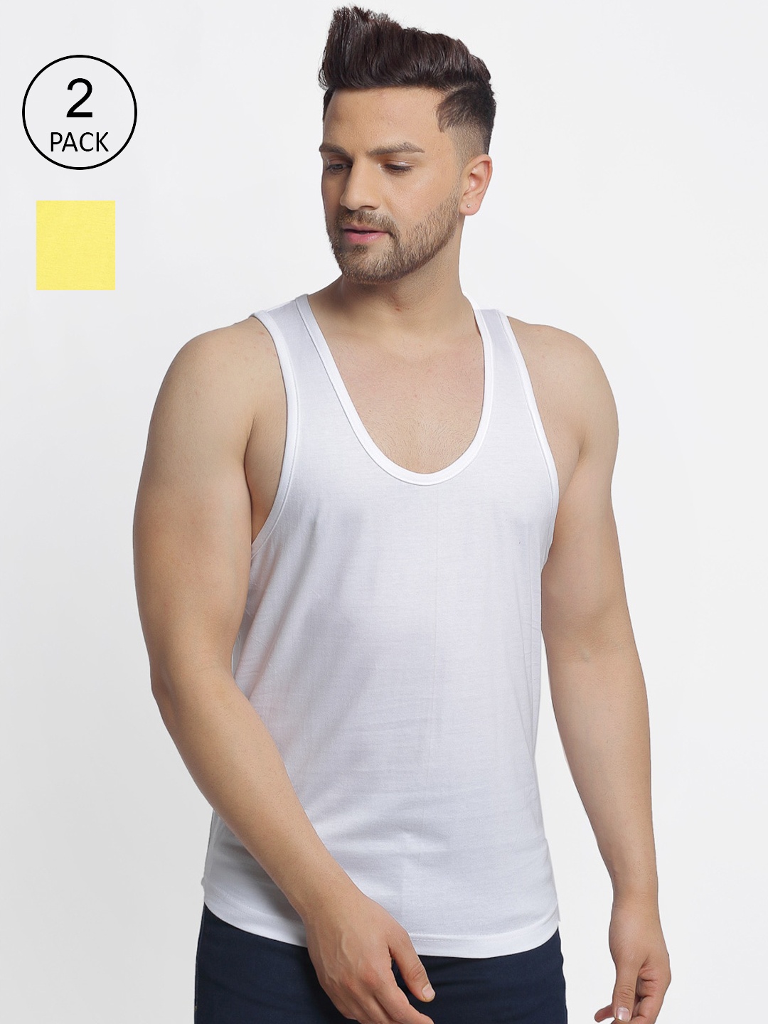 

Friskers Men Pack Of 2 Solid Pure Cotton Drop Cut Casual Tank Vests, Yellow