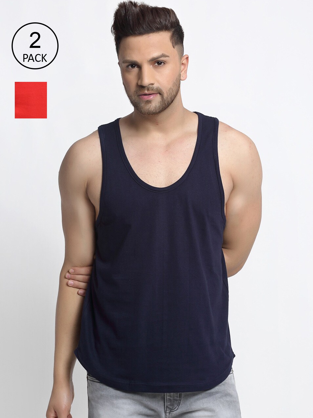 

Friskers Men Pack Of 2 Navy Blue & Red Solid Pure Cotton Gym Vests