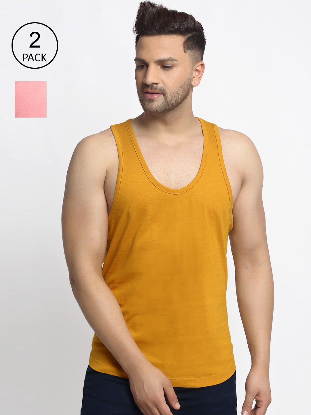 

Friskers Men Coral & Yellow Pack of 2 Pure Cotton Solid Vest