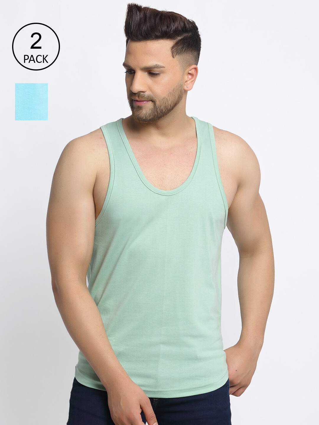 

Friskers Men Pack Of 2 Solid Drop Cut Pure Cotton Gym Vests, Sea green