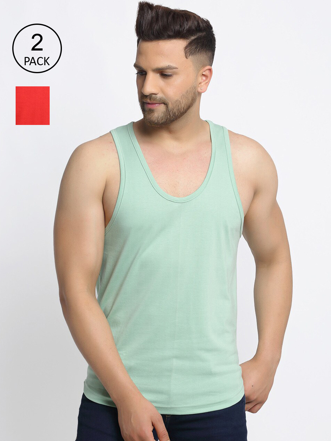 

Friskers Men Pack Of 2 Solid Pure Cotton Drop Cut Casual Tank Vests, Sea green