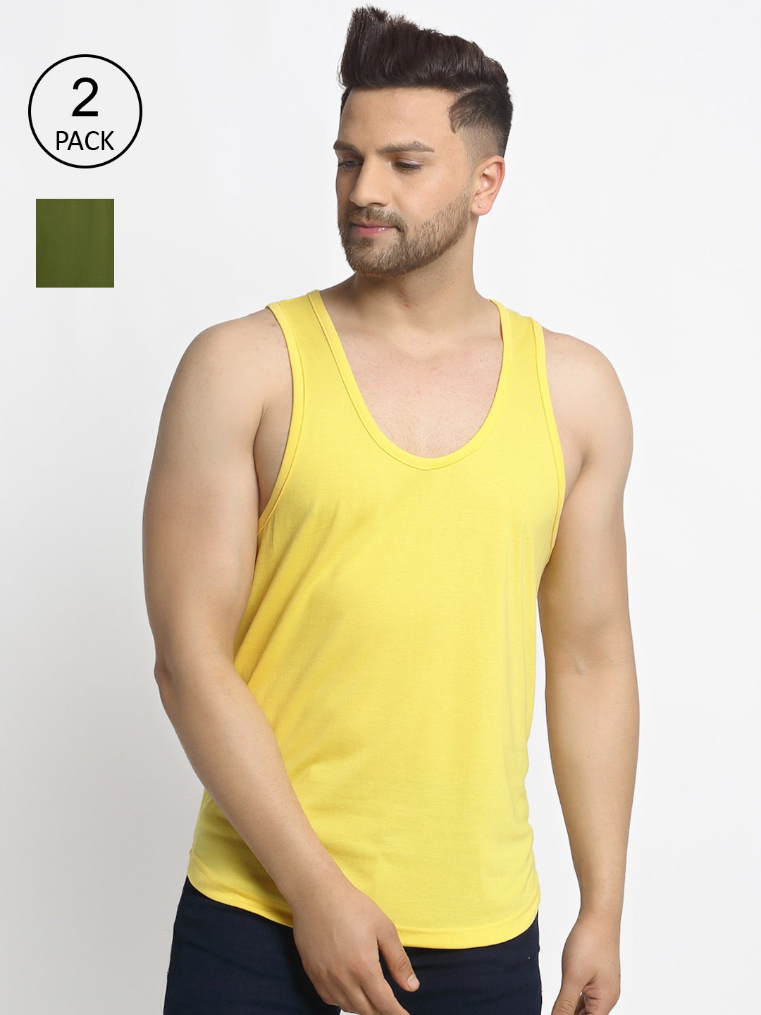 

Friskers Men Pack Of 2 Solid Drop Cut Pure Cotton Gym Vests, Yellow