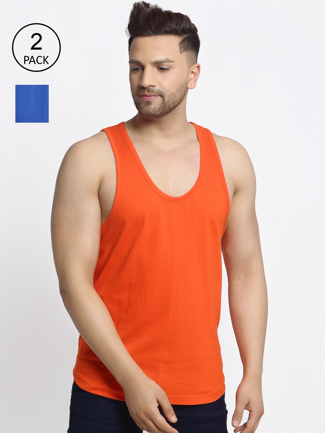 

Friskers Men Pack Of 2 Solid Drop Cut Pure Cotton Gym Vests, Orange