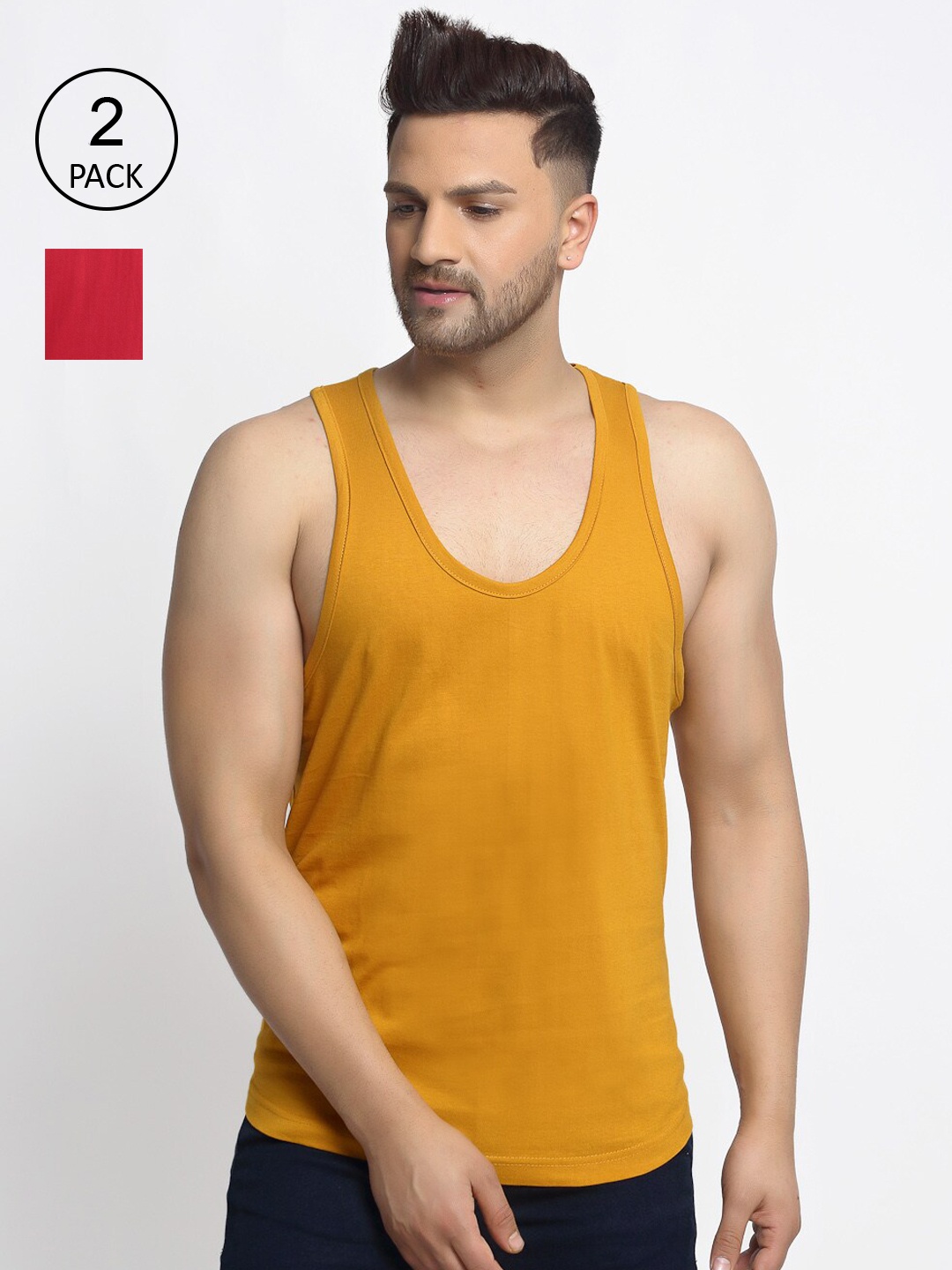 

Friskers Men Pack Of 2 Solid Pure Cotton Drop Cut Casual Tank Vests, Red