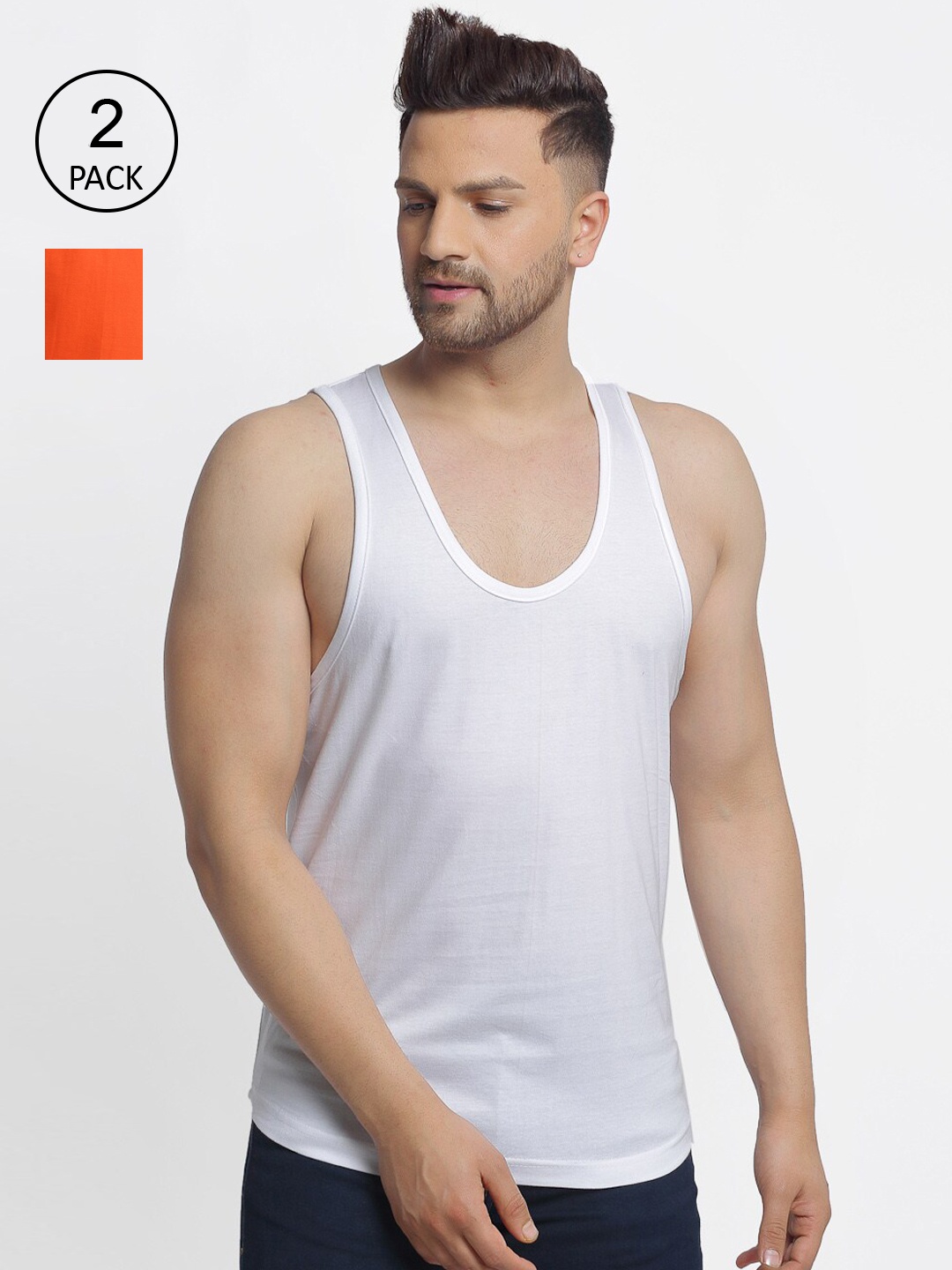 

Friskers Men Pack Of 2 Solid Pure Cotton Drop Cut Casual Tank Vests, Orange