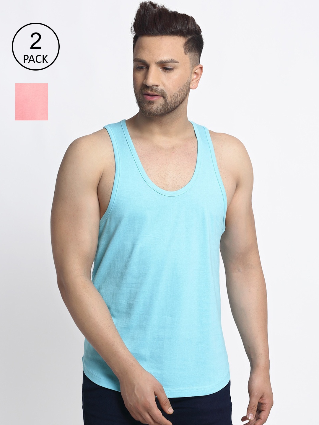 Friskers Men Pack Of 2 Solid Drop Cut Pure Cotton Gym Vests, Turquoise blue
