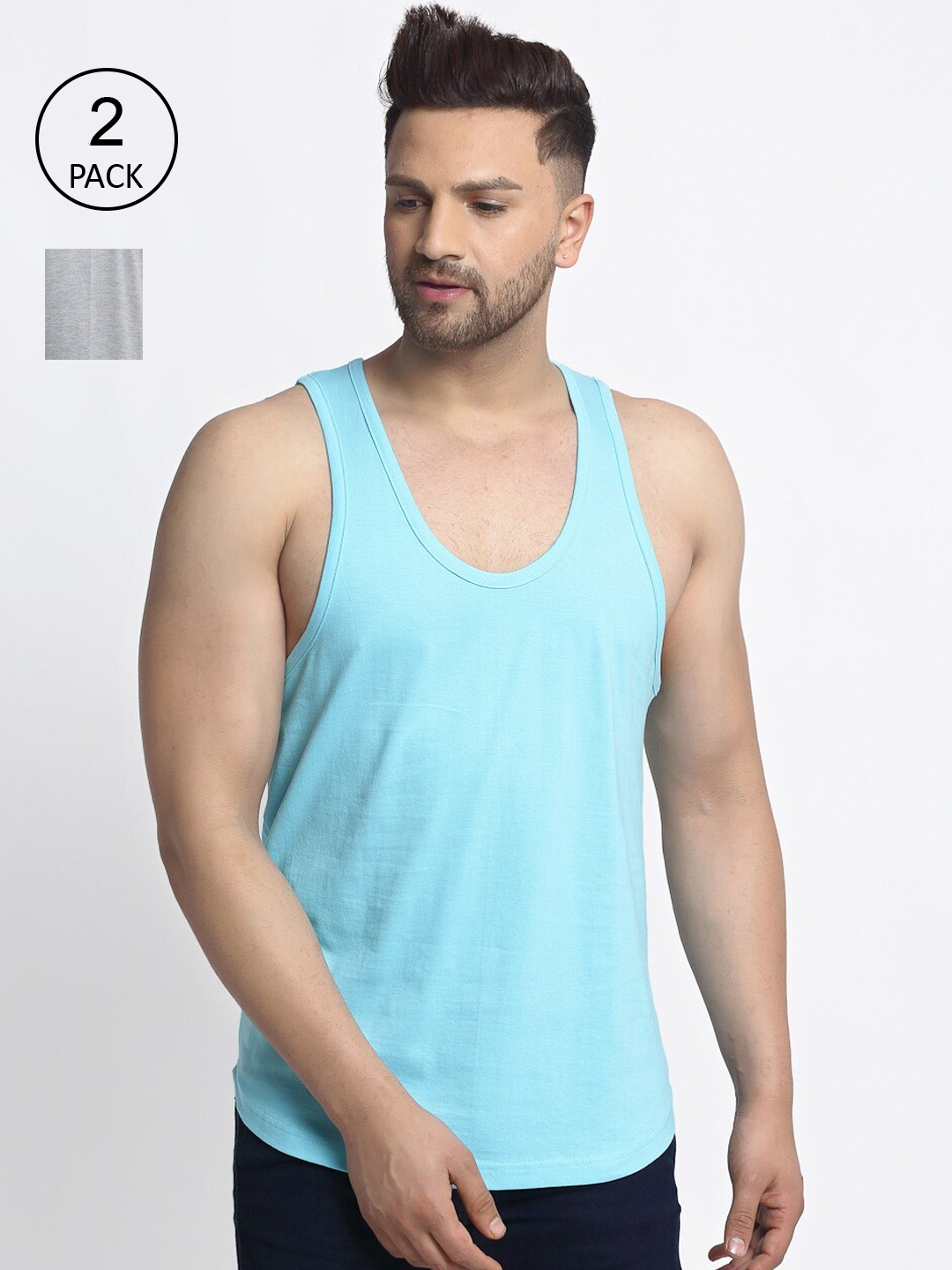 

Friskers Men Pack Of 2 Turquoise Blue & Grey Solid Pure Cotton Drop Cut Gym Vests