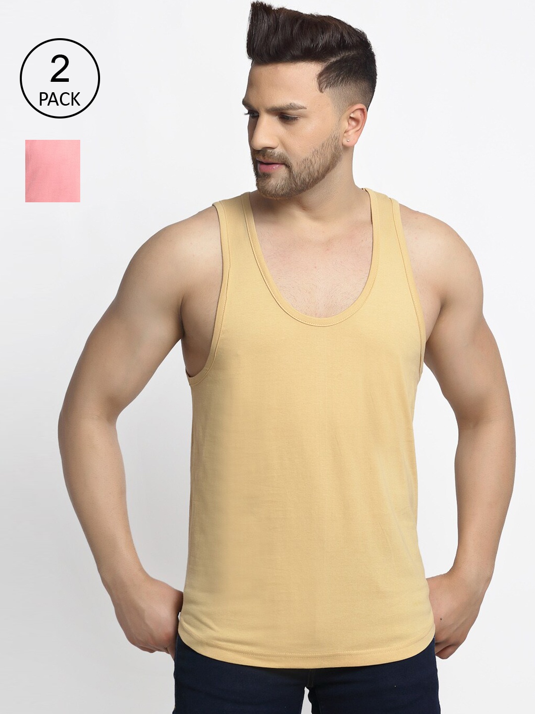 Friskers Men Pack Of 2 Solid Pure Cotton Drop Cut Casual Tank Vests, Beige