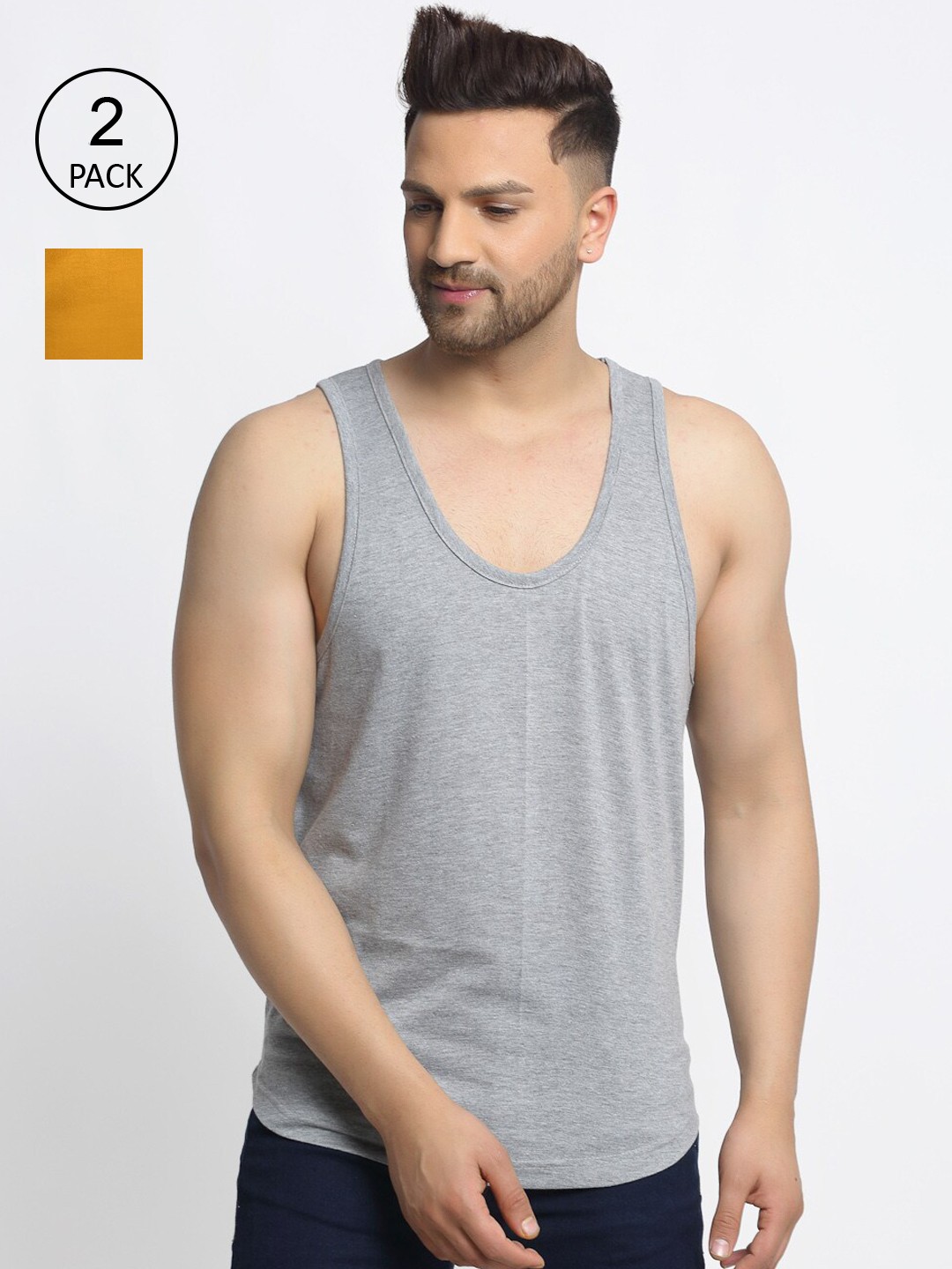 

Friskers Men Pack Of 2 Solid Drop Cut Pure Cotton Gym Vests, Mustard