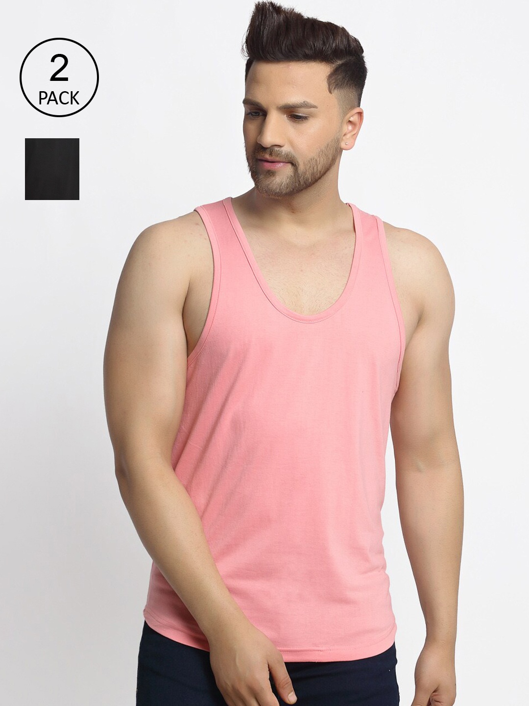 

Friskers Men Pack Of 2 Solid Pure Cotton Drop Cut Casual Tank Vests, Pink