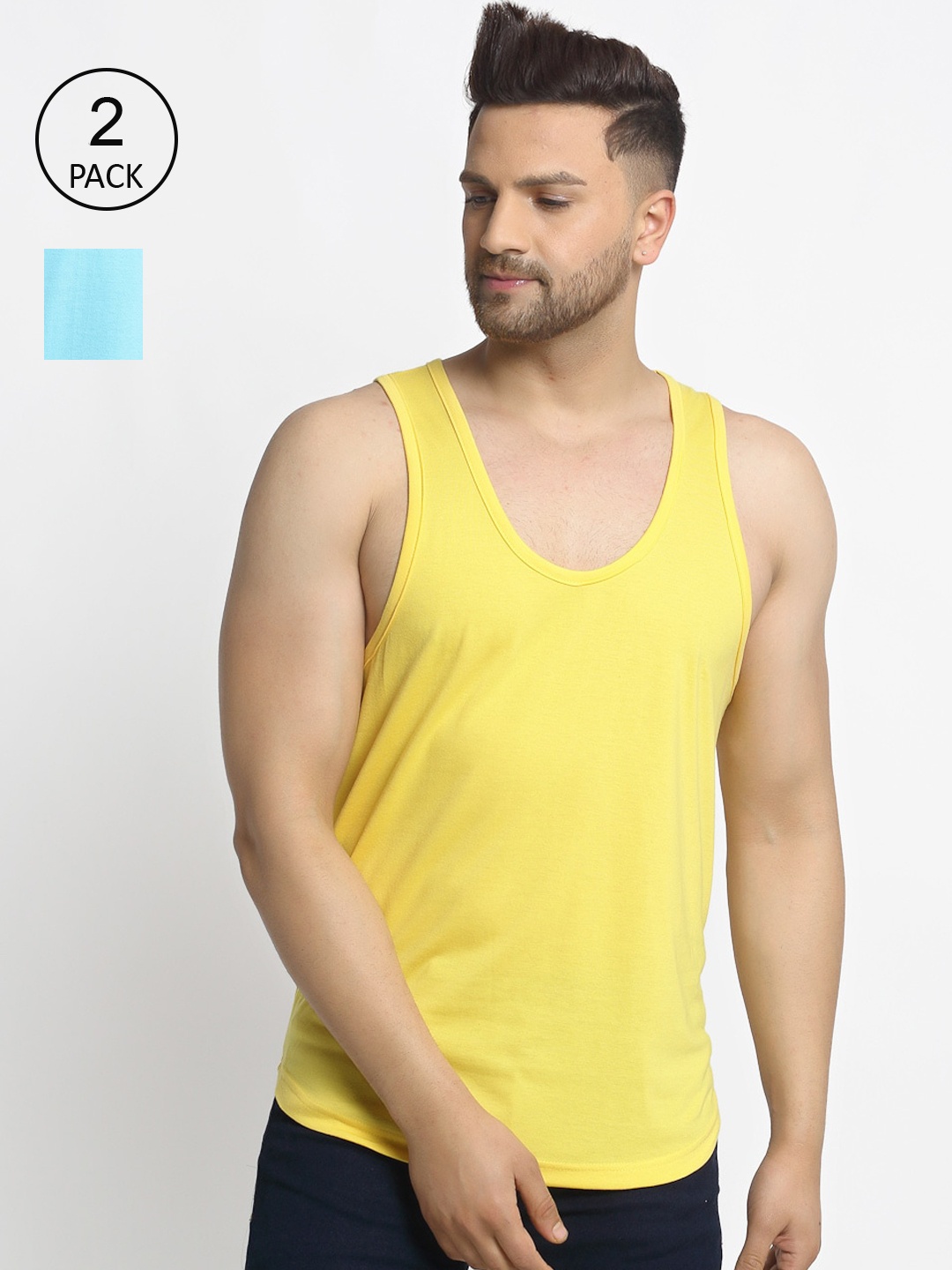 

Friskers Men Pack Of 2 Solid Drop Cut Pure Cotton Gym Vests, Yellow