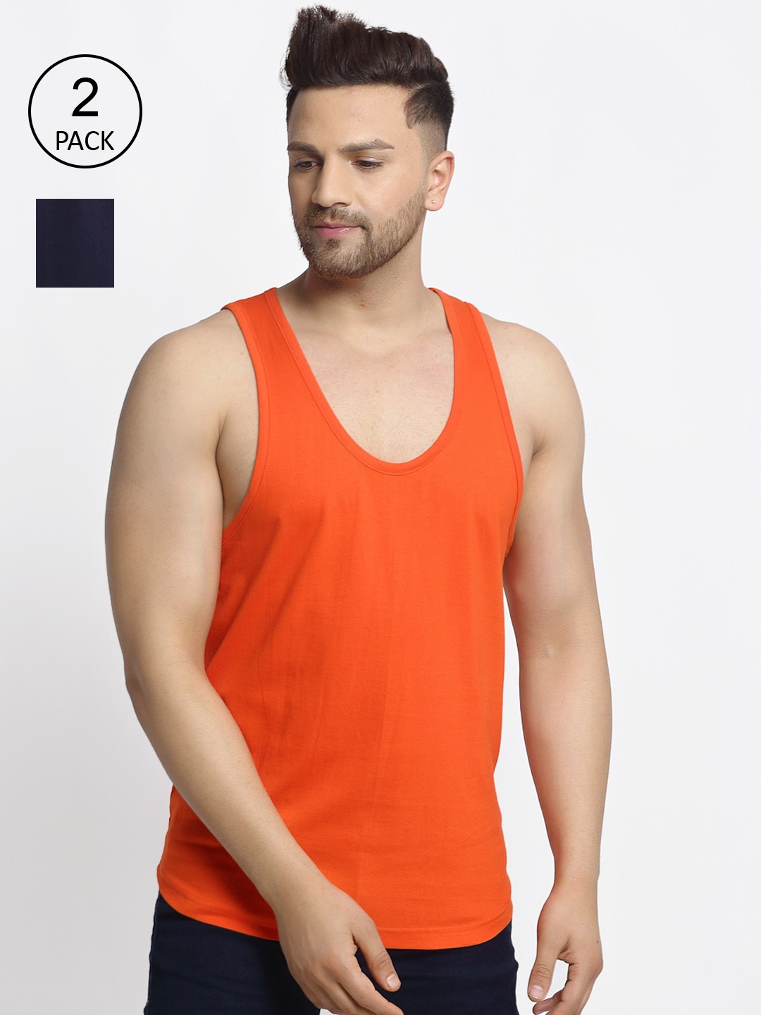 

Friskers Men Pack Of 2 Solid Pure Cotton Innerwear Gym Vests, Orange