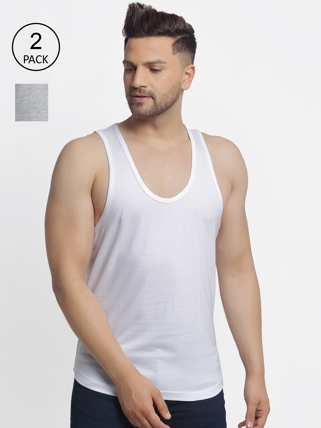 

Friskers Men Pack Of 2 Solid Pure Cotton Drop-Cut Innerwear Vests CN-04-02-S, Grey