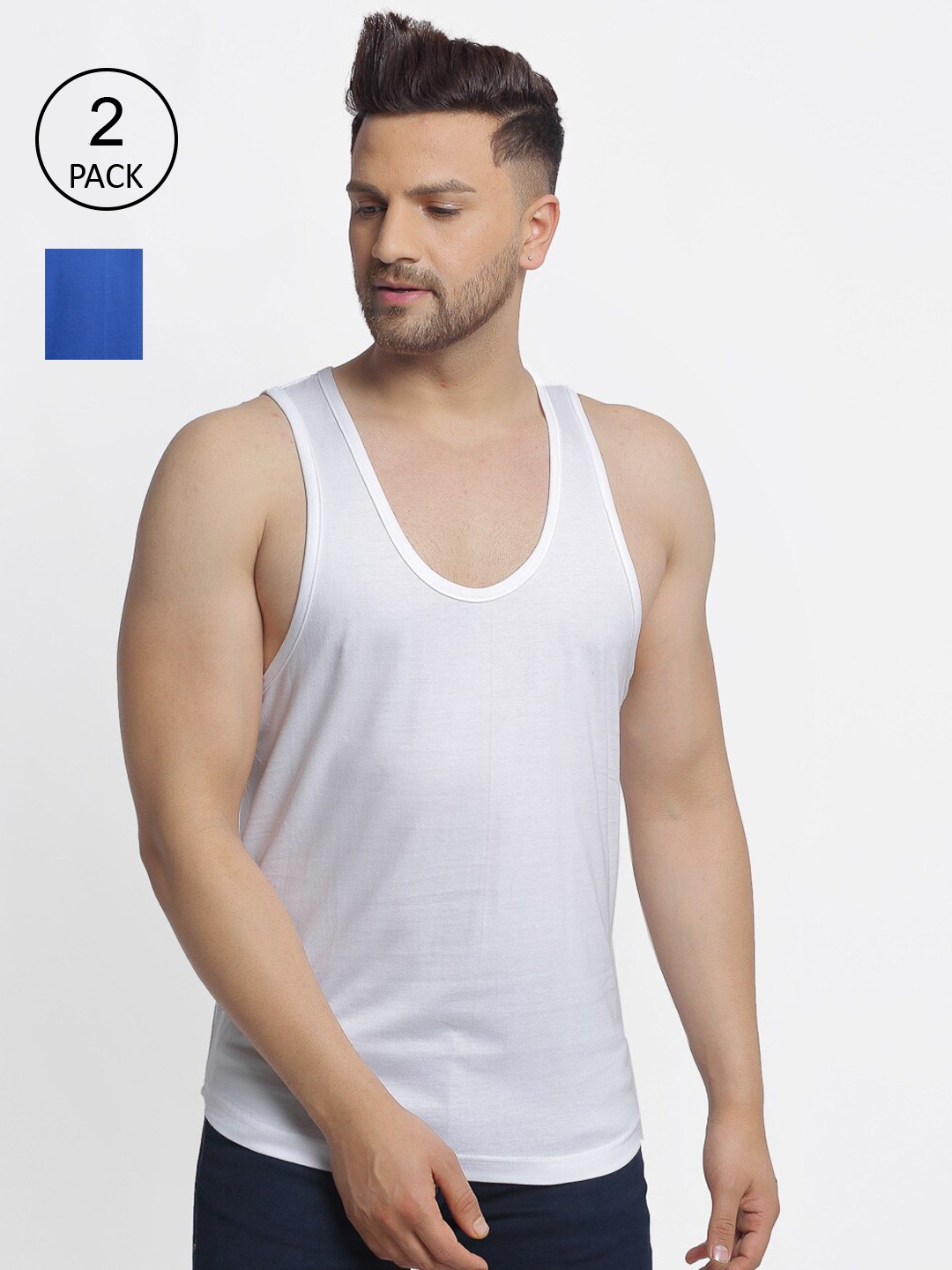 

Friskers Men Pack Of 2 Blue & White Solid Pure Cotton Gym Vests