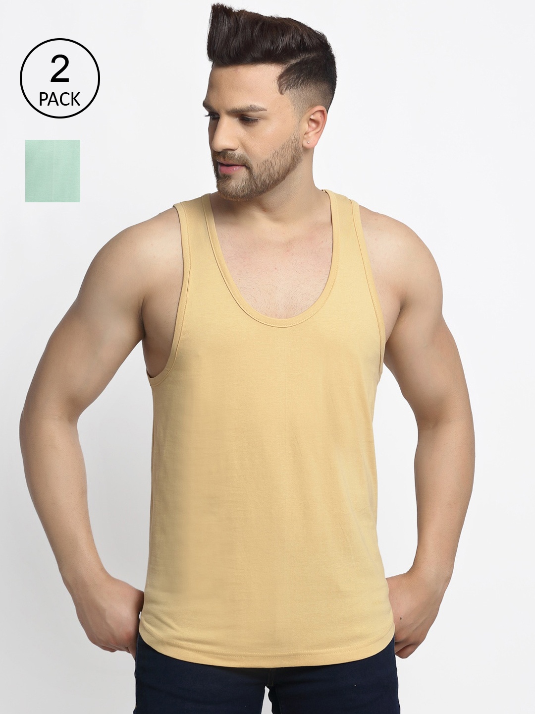 

Friskers Men Pack Of 2 Solid Drop Cut Pure Cotton Gym Vests, Beige