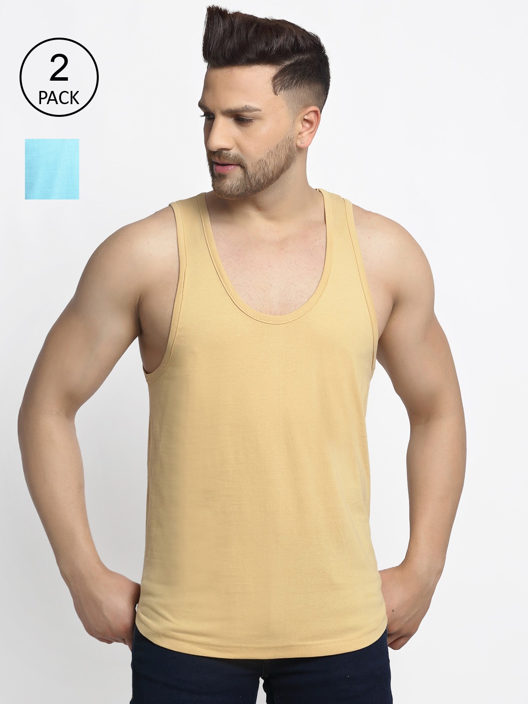 

Friskers Men Pack Of 2 Solid Drop Cut Pure Cotton Gym Vests, Beige