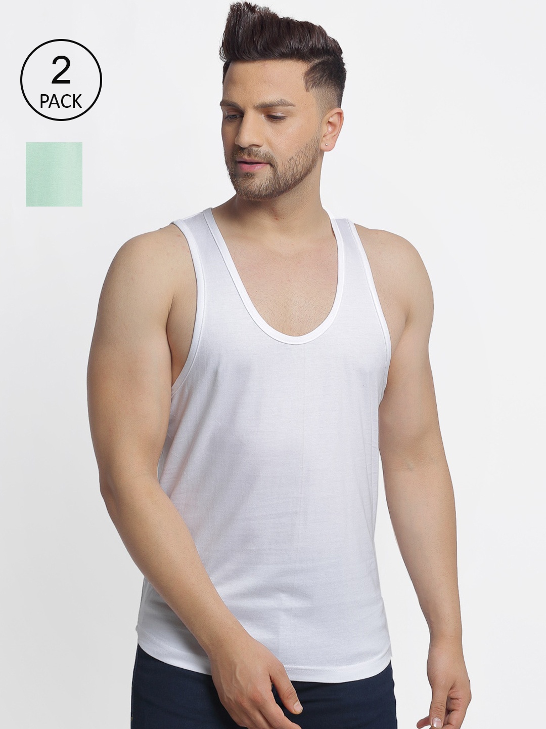 

Friskers Men Pack Of 2 Solid Pure Cotton Vests, Sea green