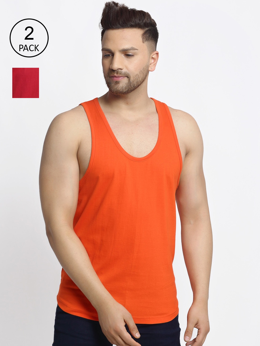 

Friskers Men Pack Of 2 Maroon and Orange Solid Pure Cotton Drop-Cut Innerwear Vests