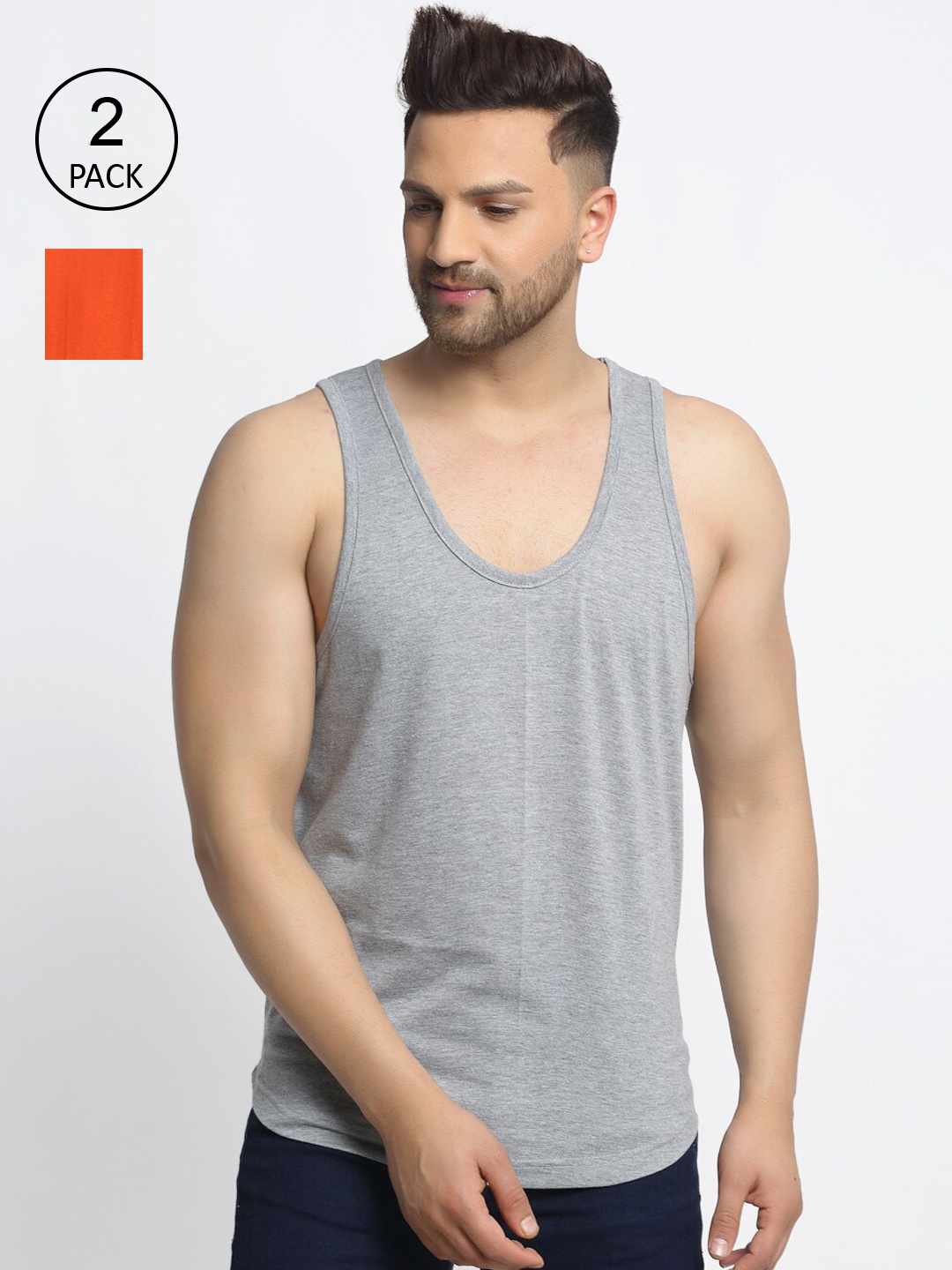 

Friskers Men Pack Of 2 Solid Pure Cotton Innerwear Gym Vests, Orange