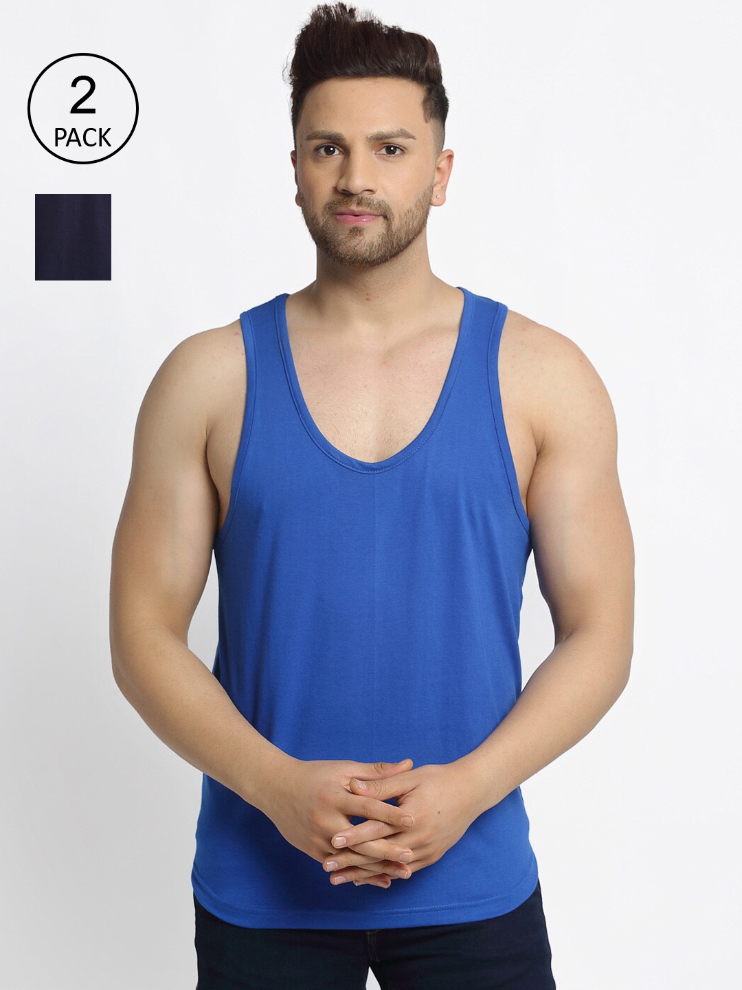 

Friskers Men Pack Of 2 Navy blue Solid Pure Cotton Gym Vests