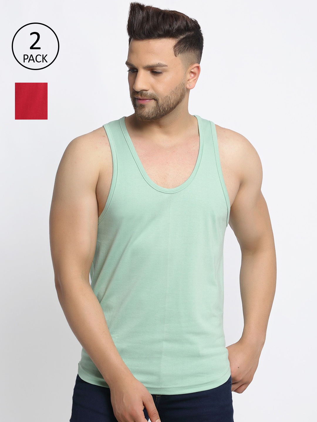

Friskers Men Pack Of 2 Solid Pure Cotton Drop Cut Casual Gym Vests, Red