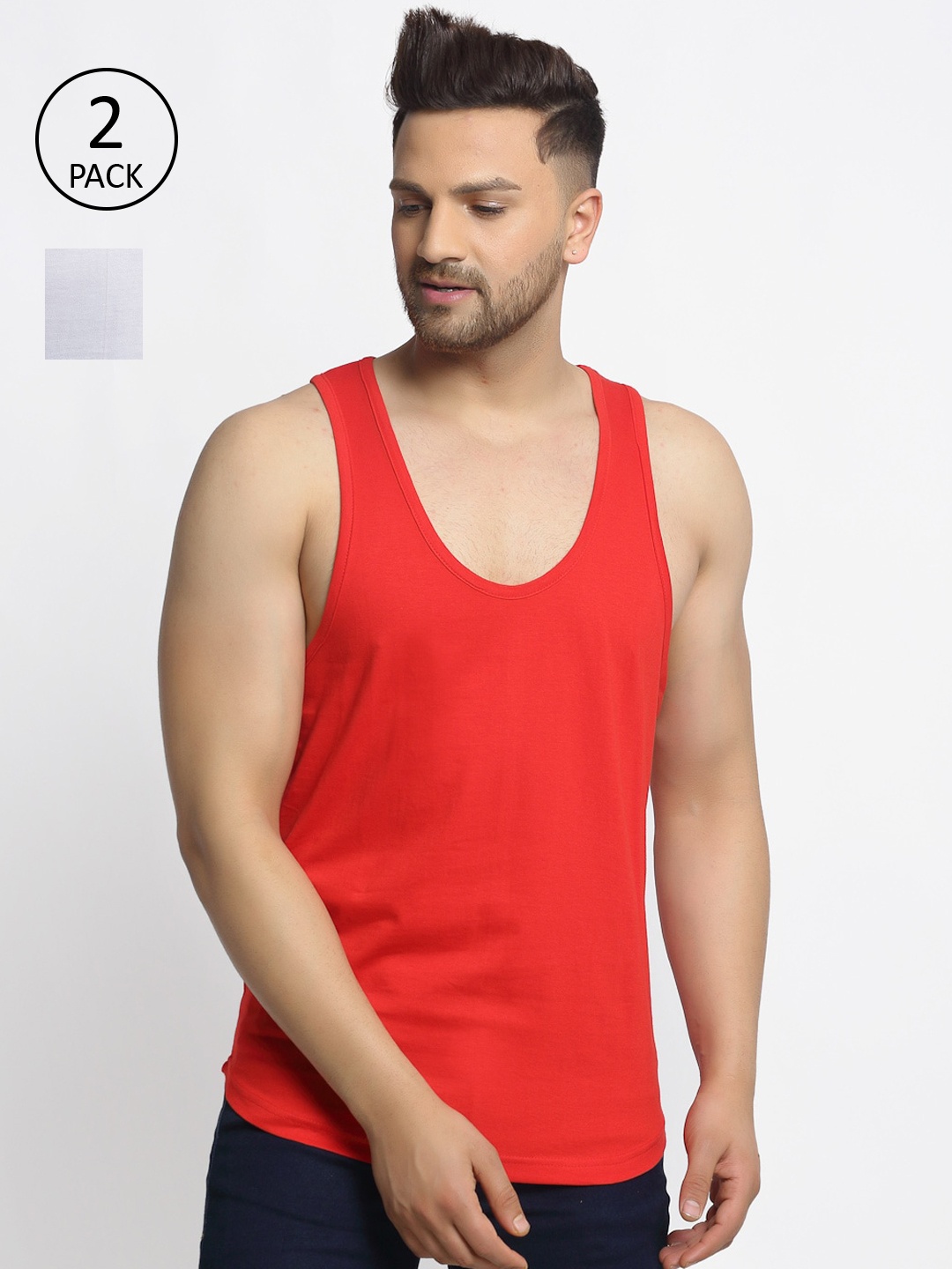 

Friskers Men Pack Of 2 Solid Pure Cotton Innerwear Vests, Red