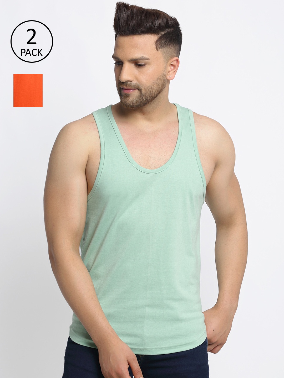 

Friskers Men Pack Of 2 Solid Pure Cotton Innerwear Vests, Orange