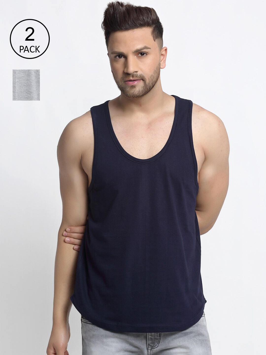 

Friskers Men Pack Of 2 Solid Pure Cotton Casual Gym Vests, Navy blue