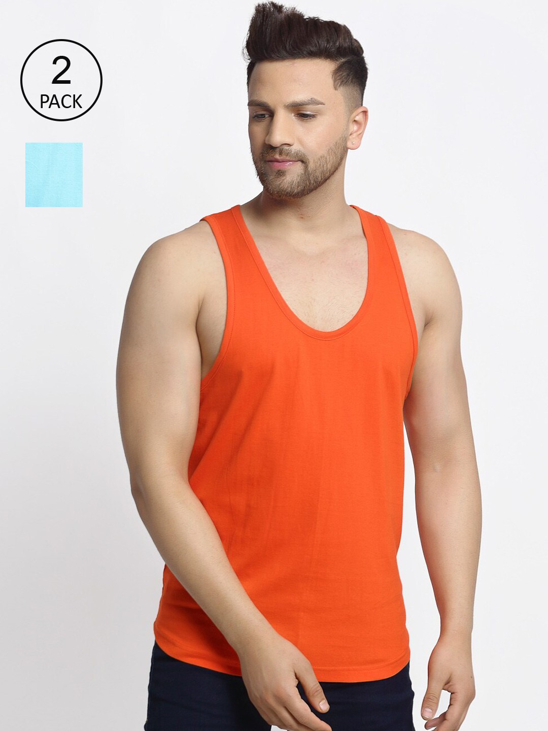

Friskers Men Pack Of 2 Solid Pure Cotton Casual Gym Vests, Orange