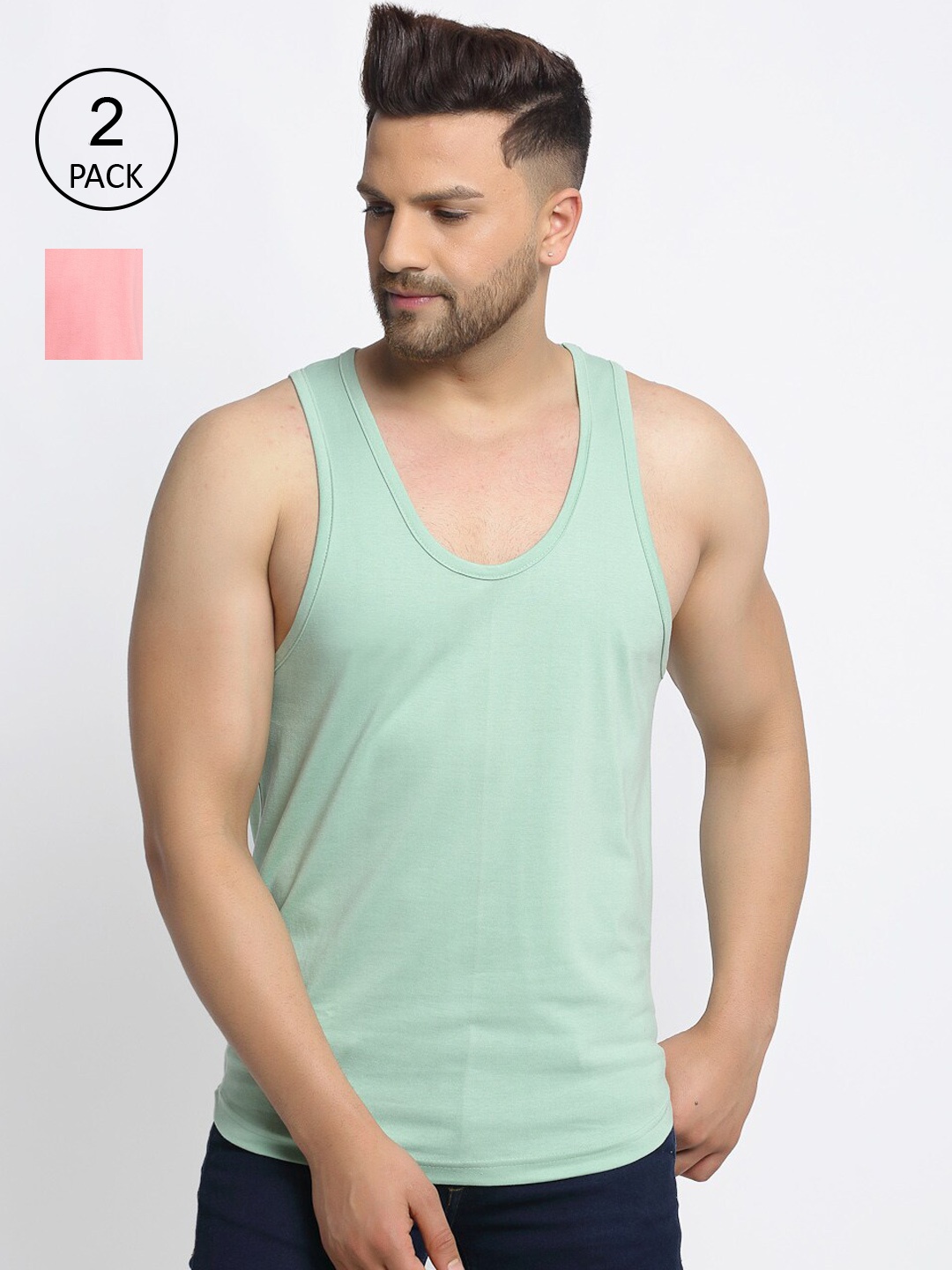 

Friskers Men Pack Of 2 Solid Pure Cotton Casual Gym Vests, Sea green