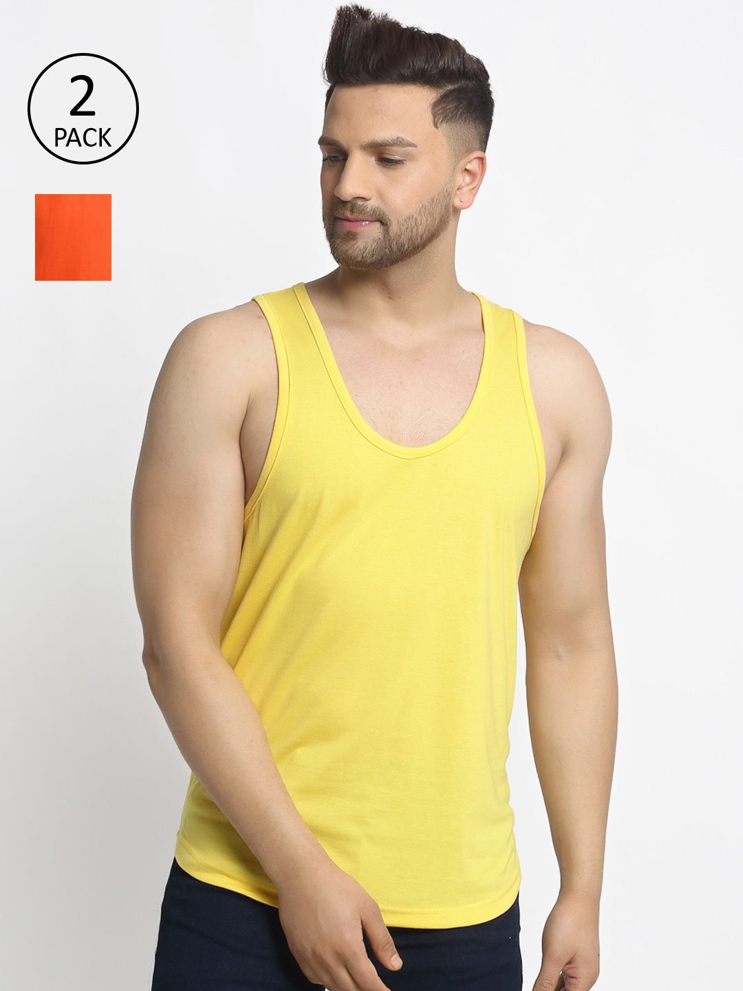 

Friskers Men Pack Of 2 Solid Pure Cotton Casual Gym Vests, Yellow