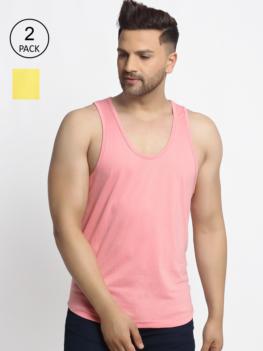 

Friskers Men Pack Of 2 Solid Pure Cotton Casual Gym Vests, Yellow