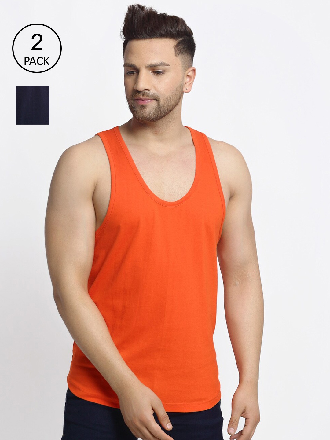 

Friskers Men Pack Of 2 Solid Pure Cotton Gym Vests, Orange