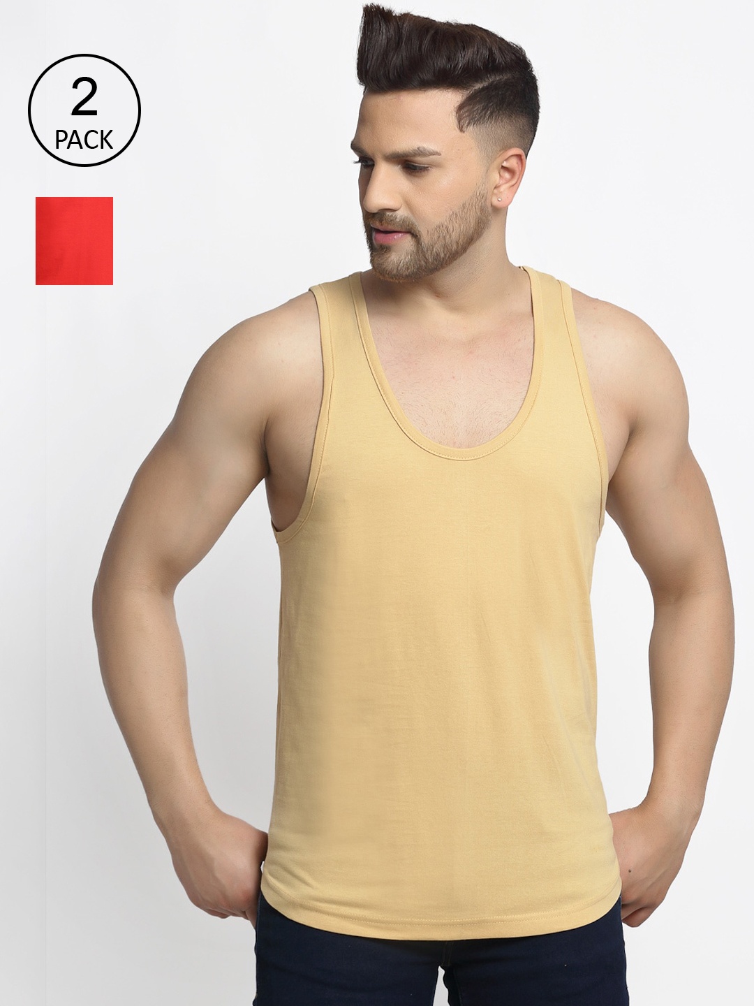 

Friskers Men Pack Of 2 Solid Pure Cotton Gym Vests, Beige