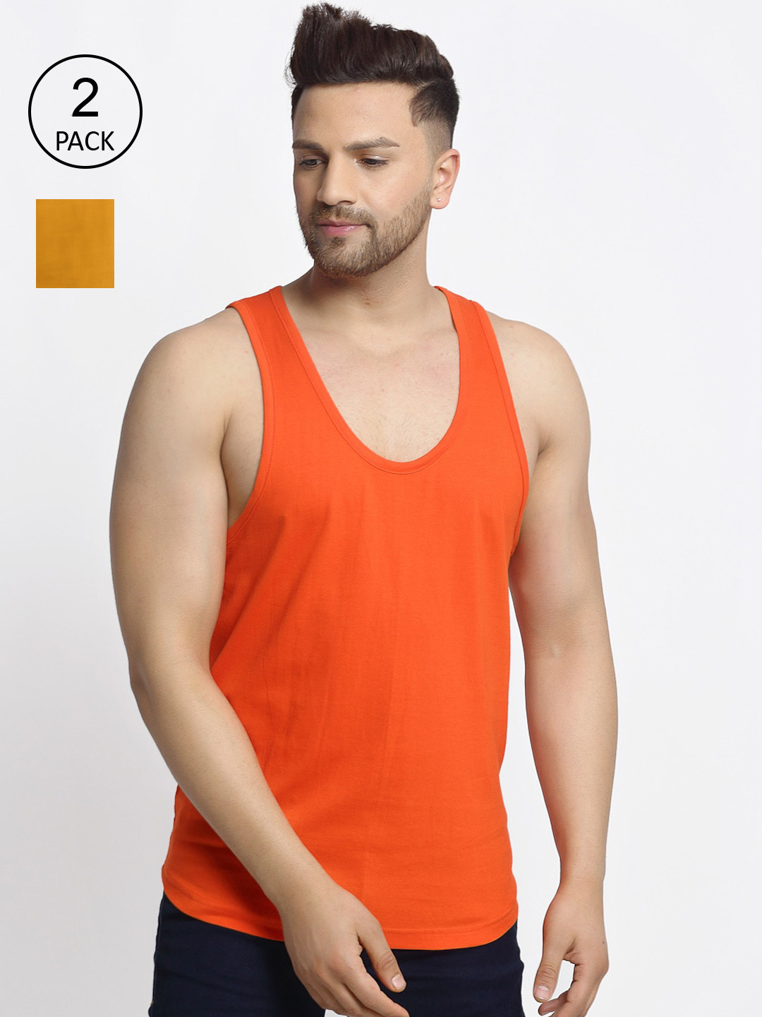 

Friskers Men Pack Of 2 Solid Pure Cotton Gym Vests, Orange