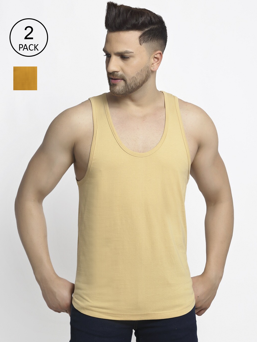 

Friskers Men Beige & Yellow Pack of 2 Pure Cotton Solid Vest