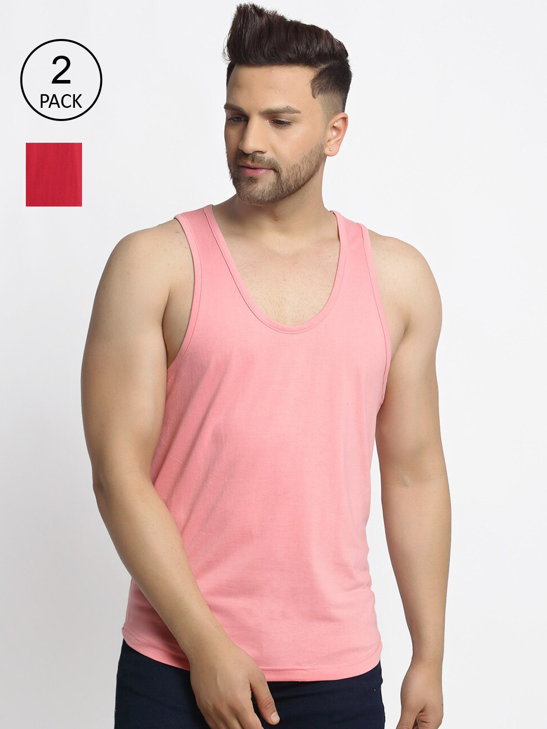 

Friskers Men Pack Of 2 Solid Pure Cotton Gym Vests, Red