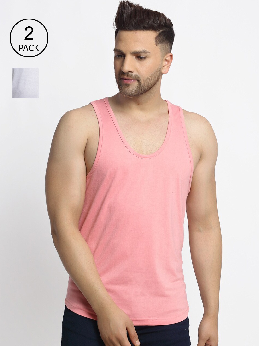 

Friskers Men Pack Of 2 Solid Pure Cotton Gym Vests, Pink