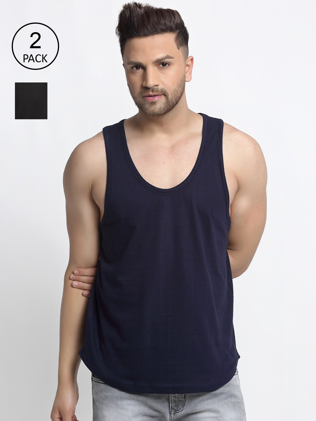 

Friskers Men Pack Of 2 Solid Pure Cotton Innerwear Gym Vests, Navy blue
