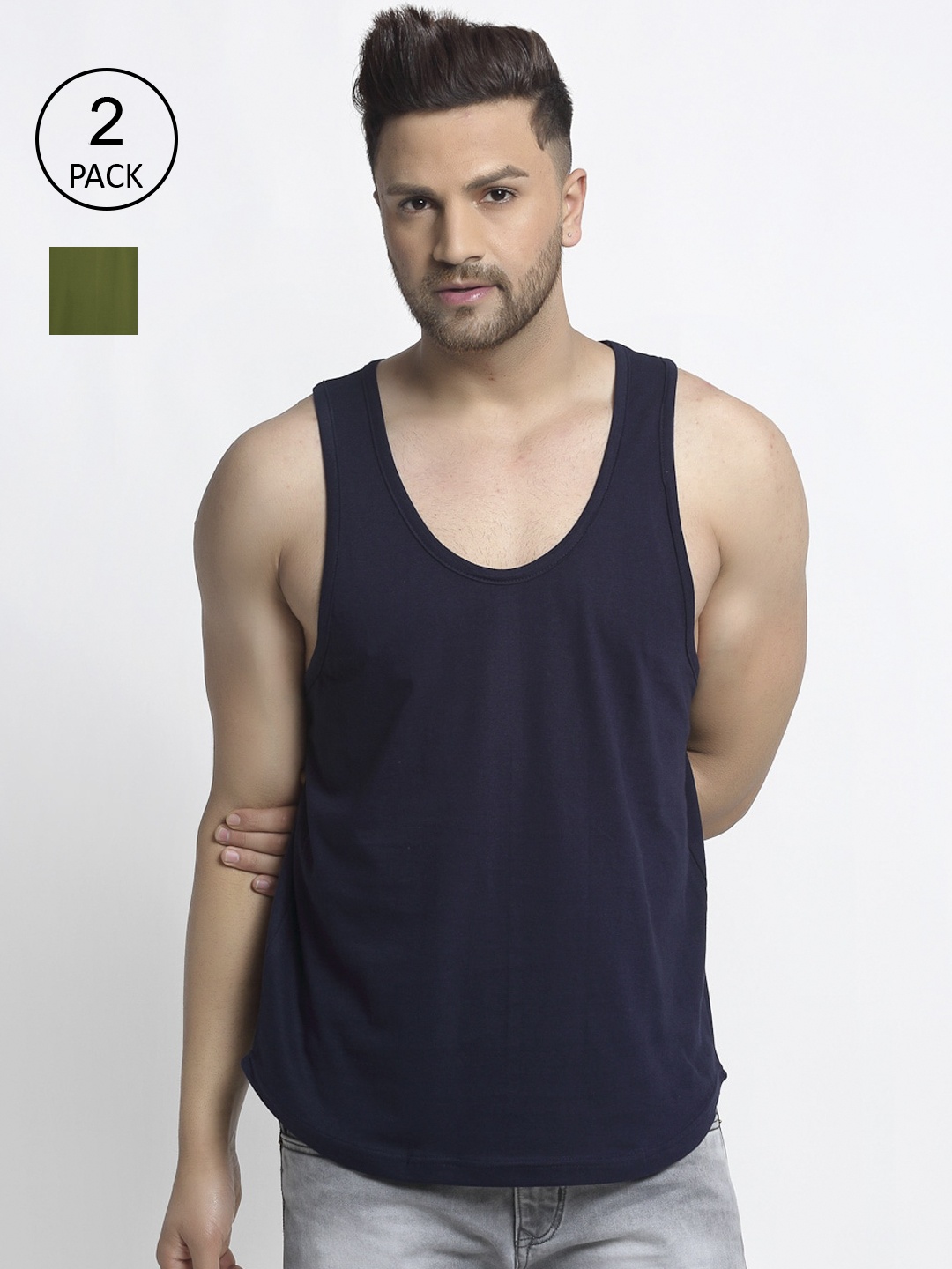 

Friskers Men Pack Of 2 Solid Pure Cotton Gym Vests, Navy blue