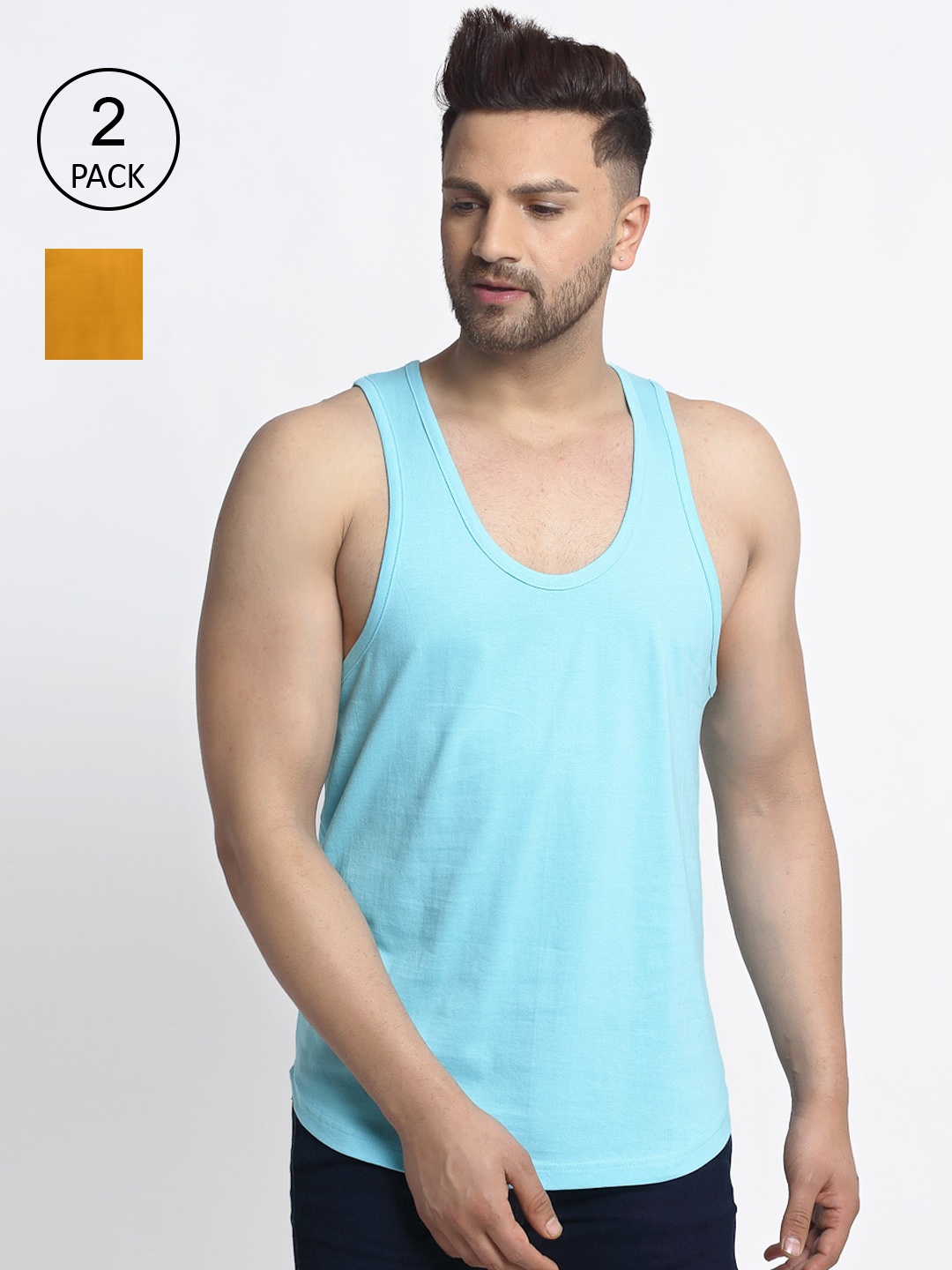 

Friskers Men Pack Of 2 Solid Pure Cotton Gym Vests, Turquoise blue