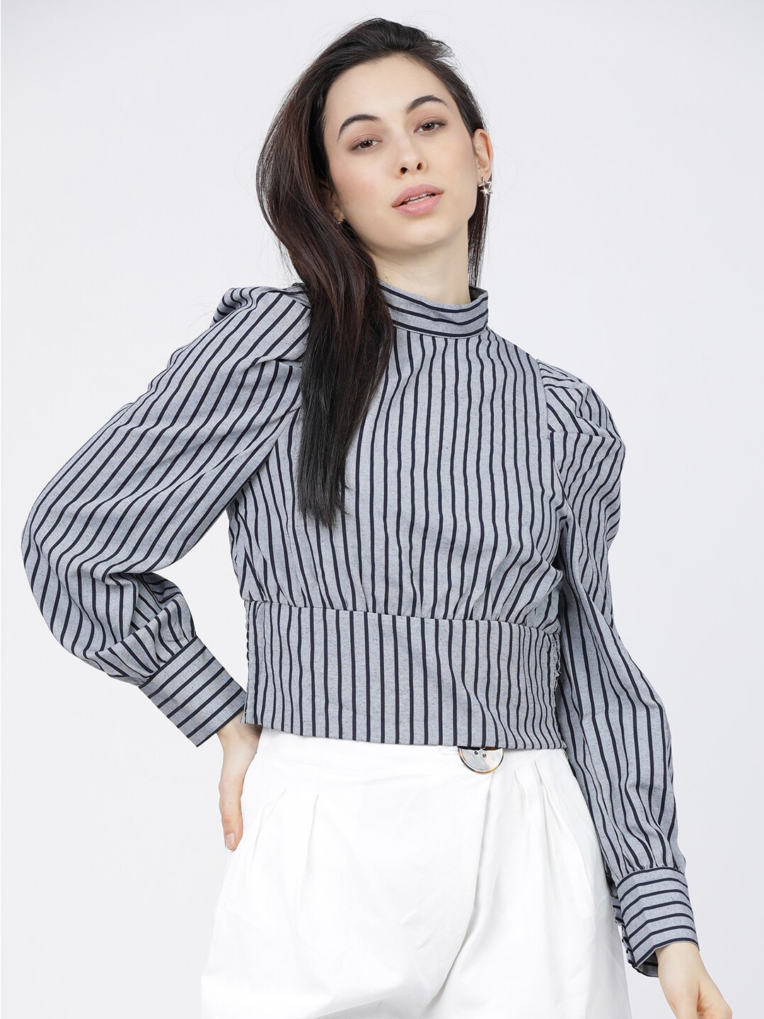 

Tokyo Talkies Navy Blue & White Striped Regular Crop Top